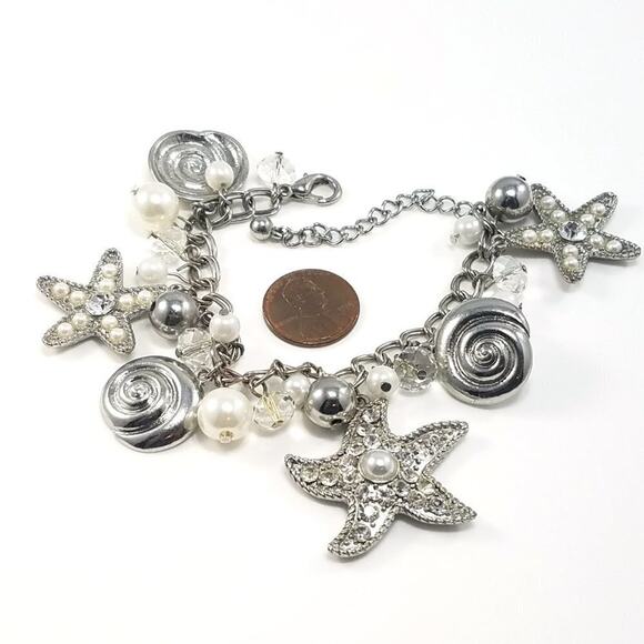 Starfish Ocean Sea Life Rhinestone Faux Pearl Charm Bracelet, 8 1/2 Inches - Picture 7 of 7